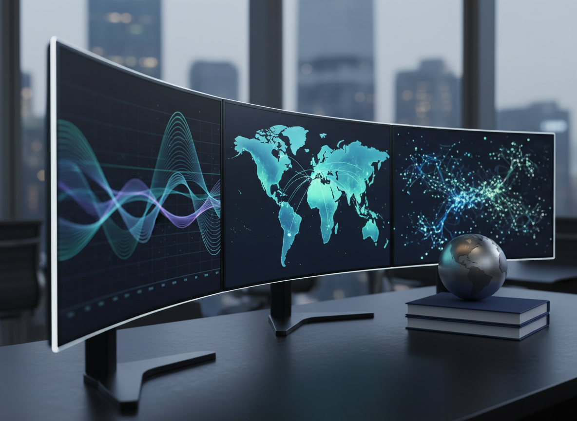 A close-up, photographic image of a dark, matte-finished desk with three large, ultrawide monitors displaying abstracted macroeconomic charts, global maps, and network-style data flows, all stylized to avoid readable text. A metallic world globe with a subtle brushed steel texture sits beside a neatly stacked set of research reports. Soft, cool-toned studio lighting from the left creates crisp highlights along the monitor edges and gentle shadows across the desk surface. The background fades into a tasteful bokeh of an upscale Hong Kong office interior. Shot at eye level with a slightly shallow depth of field, the mood is highly analytical, precise, and tech-forward, conveying rigorous economic research and global analysis.
