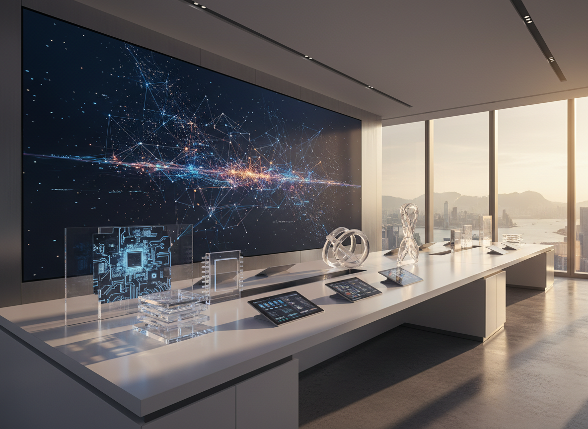 An ultra-modern consulting workspace overlooking Hong Kong’s harbor, featuring a long, minimalist white workstation scattered with tablets and transparent acrylic models of circuit boards, microchips, and stylized quantum diagrams. A large wall-mounted digital screen in the background shows an abstract visualization of interconnected nodes and lines representing frontier technologies and innovation ecosystems, with no readable text. Late-afternoon natural light streams through tall windows, casting elongated shadows and a gentle golden glow across the surfaces. Photographic realism with a crisp, high-tech aesthetic, captured from a three-quarter angle to emphasize depth. The mood is visionary and forward-looking, ideal for representing research at the intersection of technology and economics.